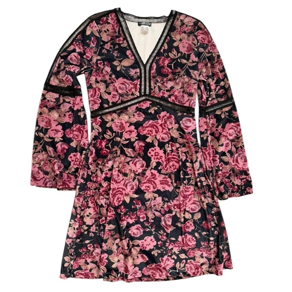 Venus pink floral mini dress with bell sleeves